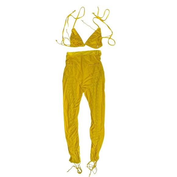 Yellow Lace-Up 2 Piece Set XL Pants Triangle Bikini Top Sexy Mesh Sheer Y2K Club - Picture 4 of 8